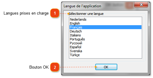 Fenêtre Langue de l'application