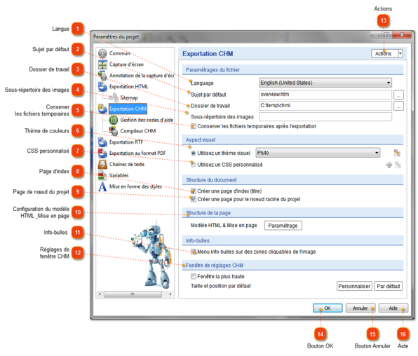 Paramètres d'exportation CHM