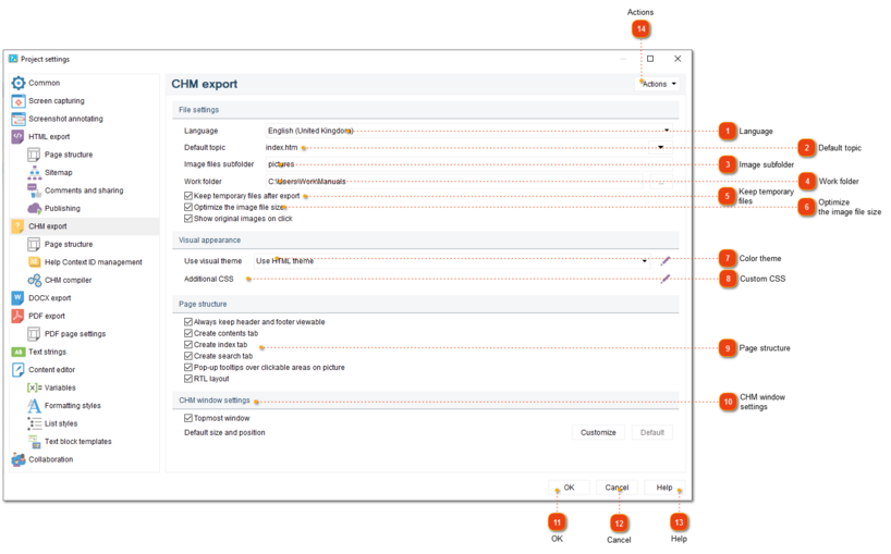 CHM export settings