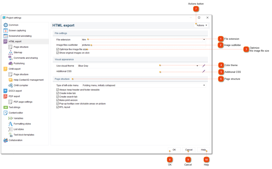 HTML export settings