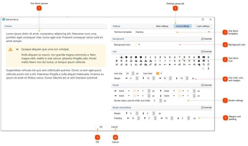 Text block visual settings