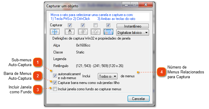 Diálogo de Captura de Janela: Definições de Win32