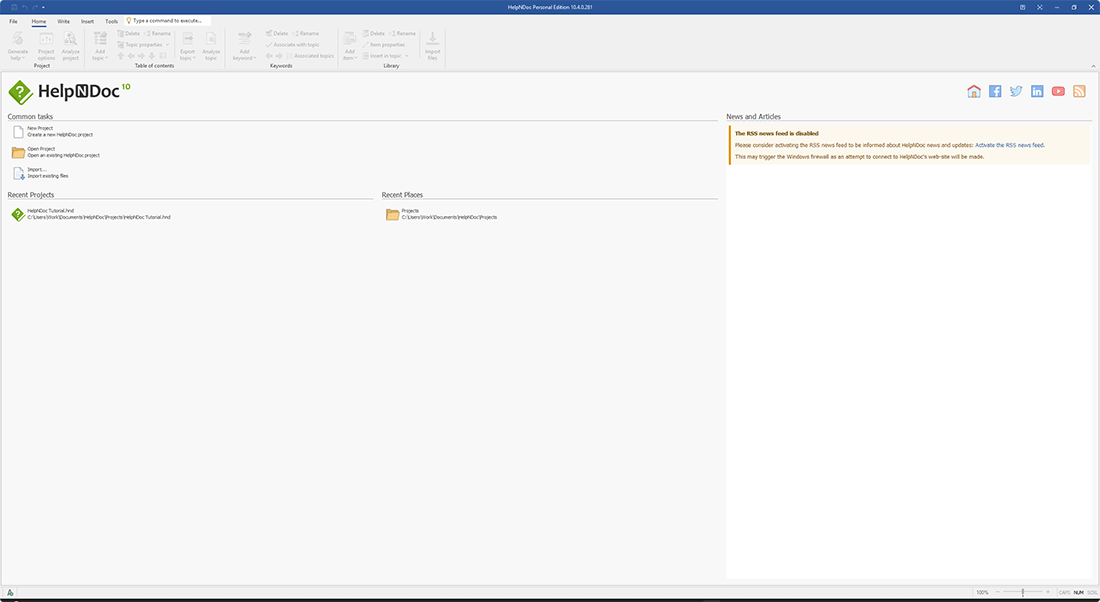 HelpNDoc start screen