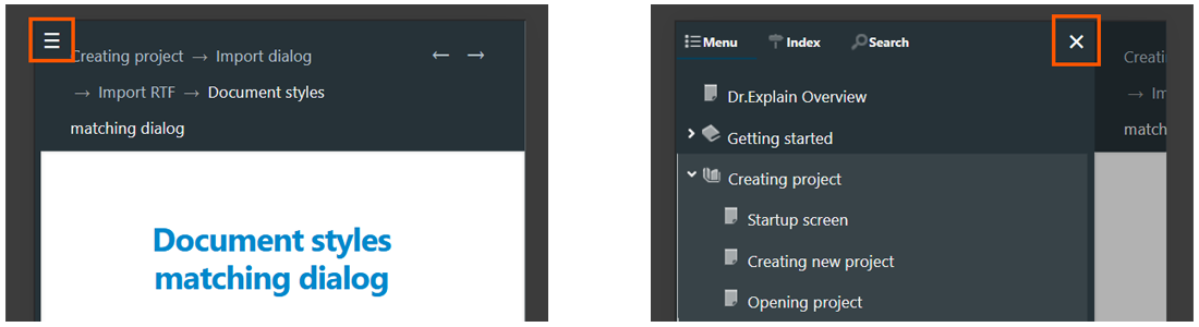 navigation elements in online help generated by help authoring software