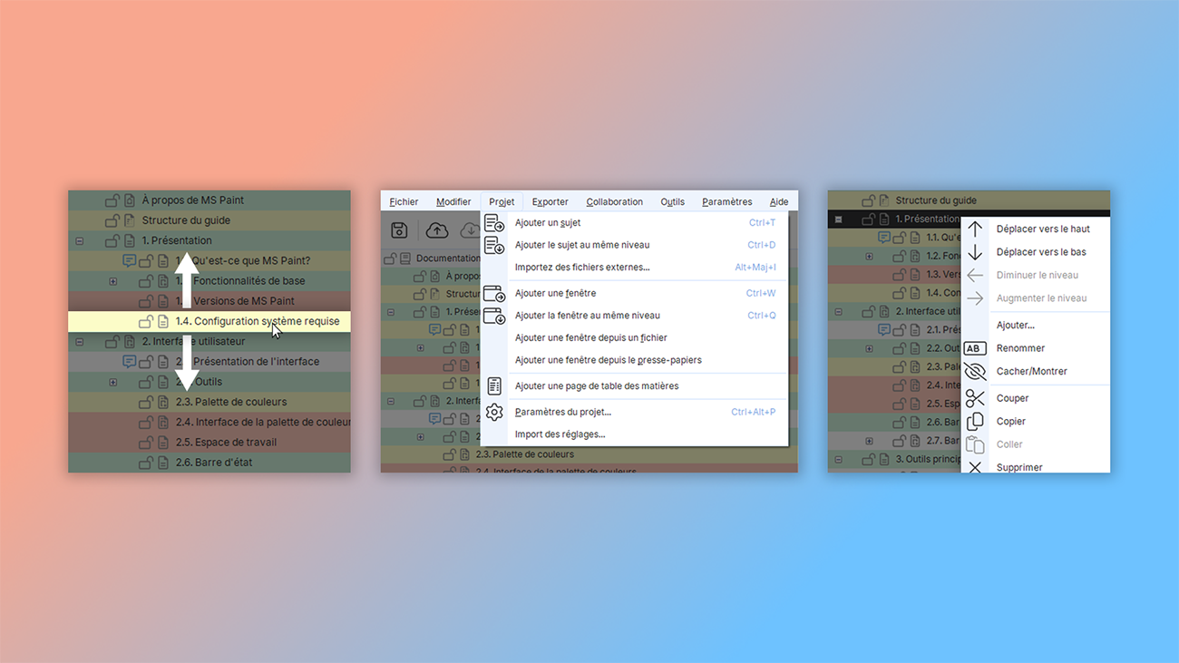 gérer la structure du projet dans un outil de rédaction d'aide