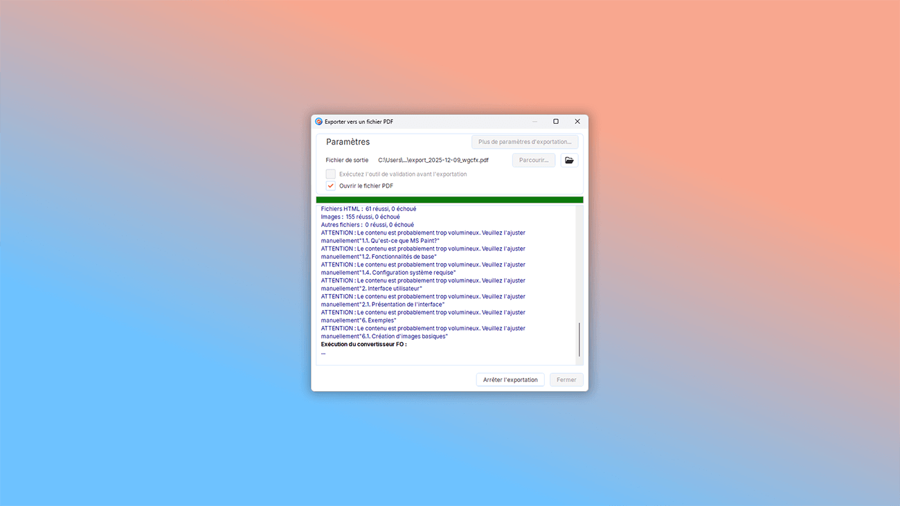 exporter le guide utilisateur en pdf