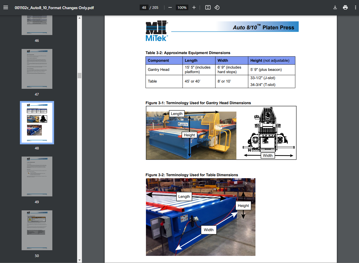 tables and images in user guides for industrial eqiupment
