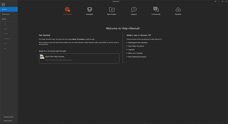 Help+Manual start screen interface