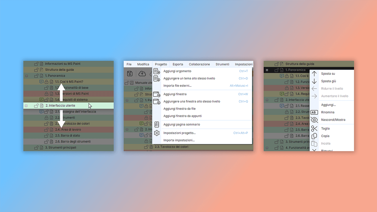 gestire la struttura del progetto nello strumento di authoring per help