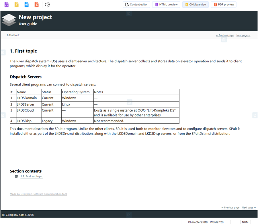 instructions with a table and text in CHM