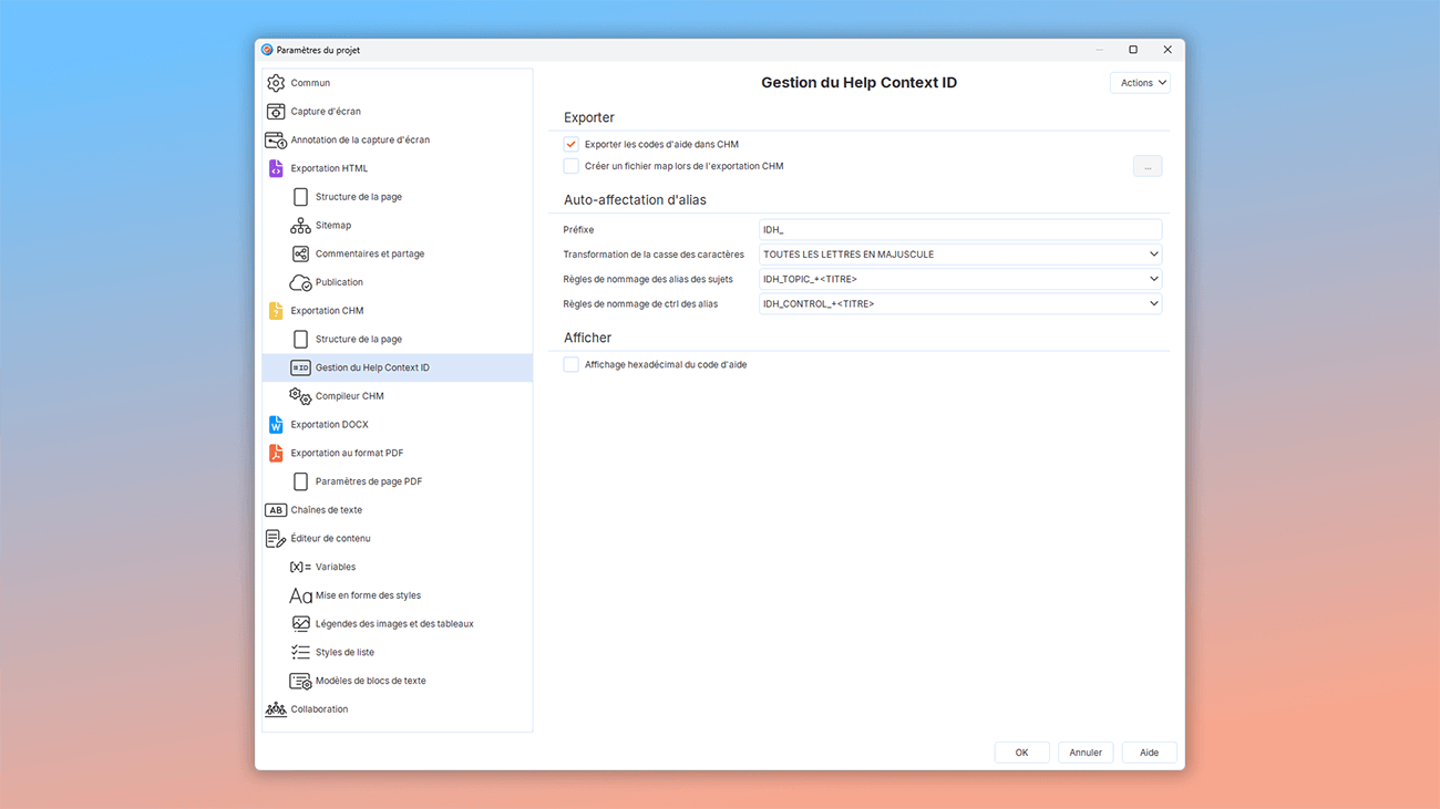 prise en charge des identifiants d'aide contextuelle