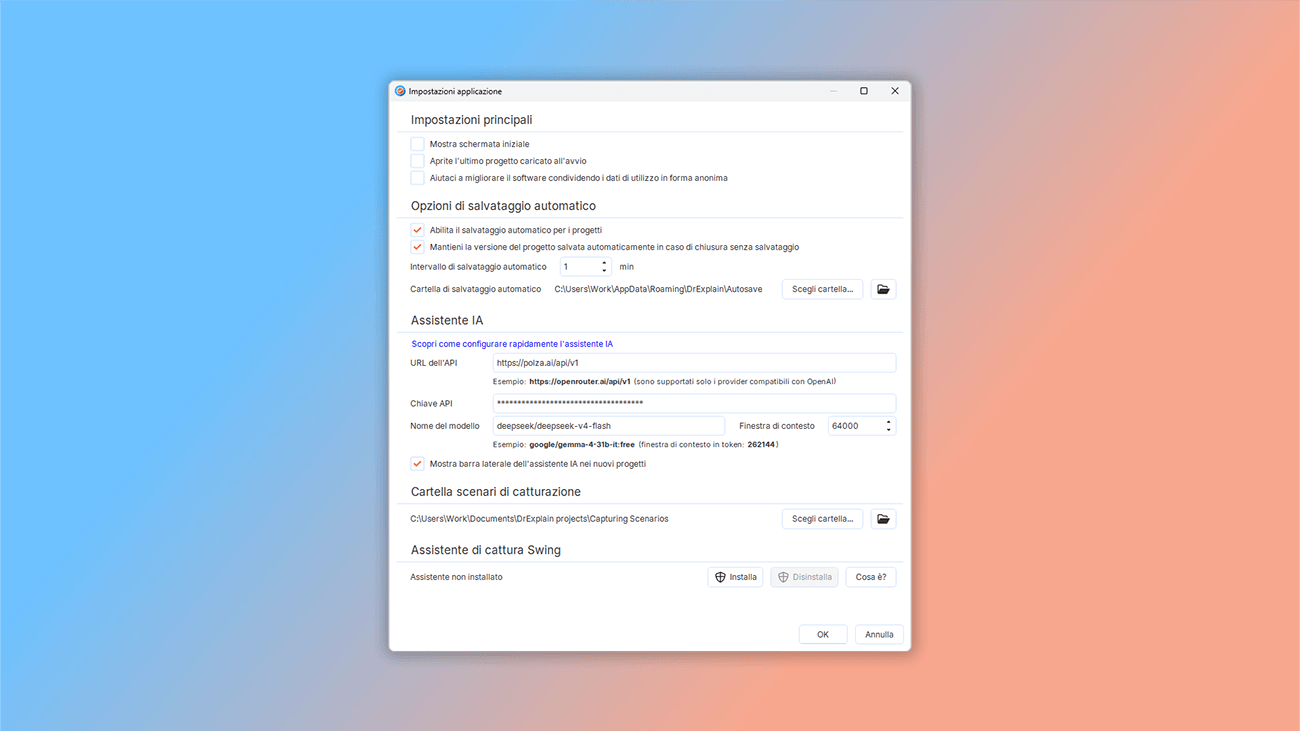 impostazioni dell'assistente ai in dr.explain