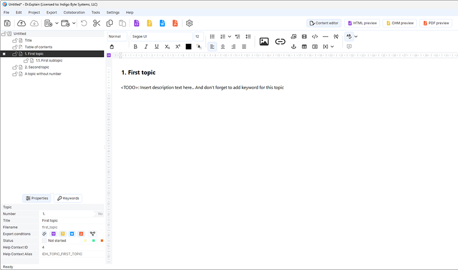 Dr.Explain topic properties pane