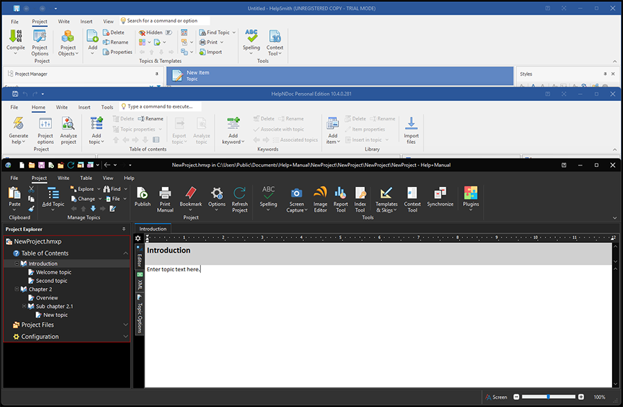Toolbar in Help+Manual, HelpNDoc and HelpSmith