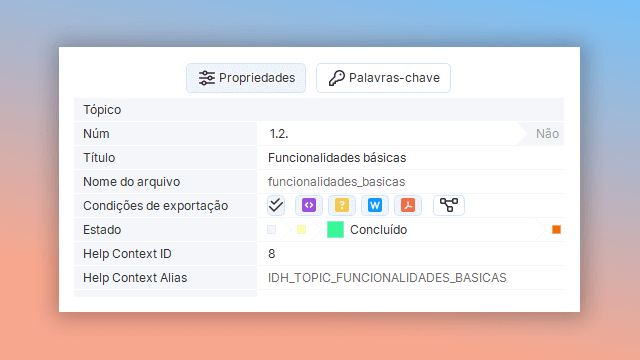 painel de propriedades em ferramenta de criação de ajuda