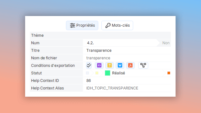 panneau des propriétés dans l'outil de création d'aide