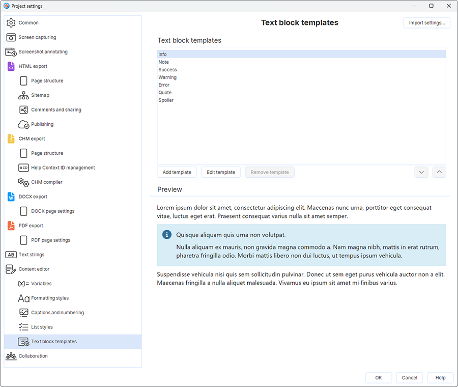 text block settings